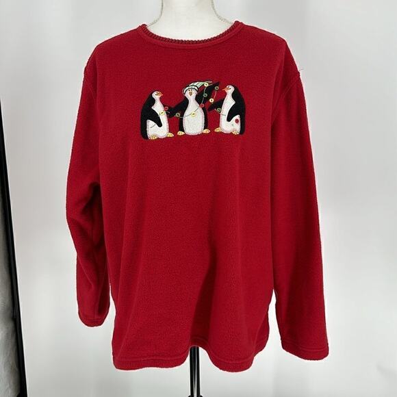 Vintage Cathy Daniel’s Red Fleece Christmas 3 Penguin Sweatshirt Size XL - Picture 1 of 16